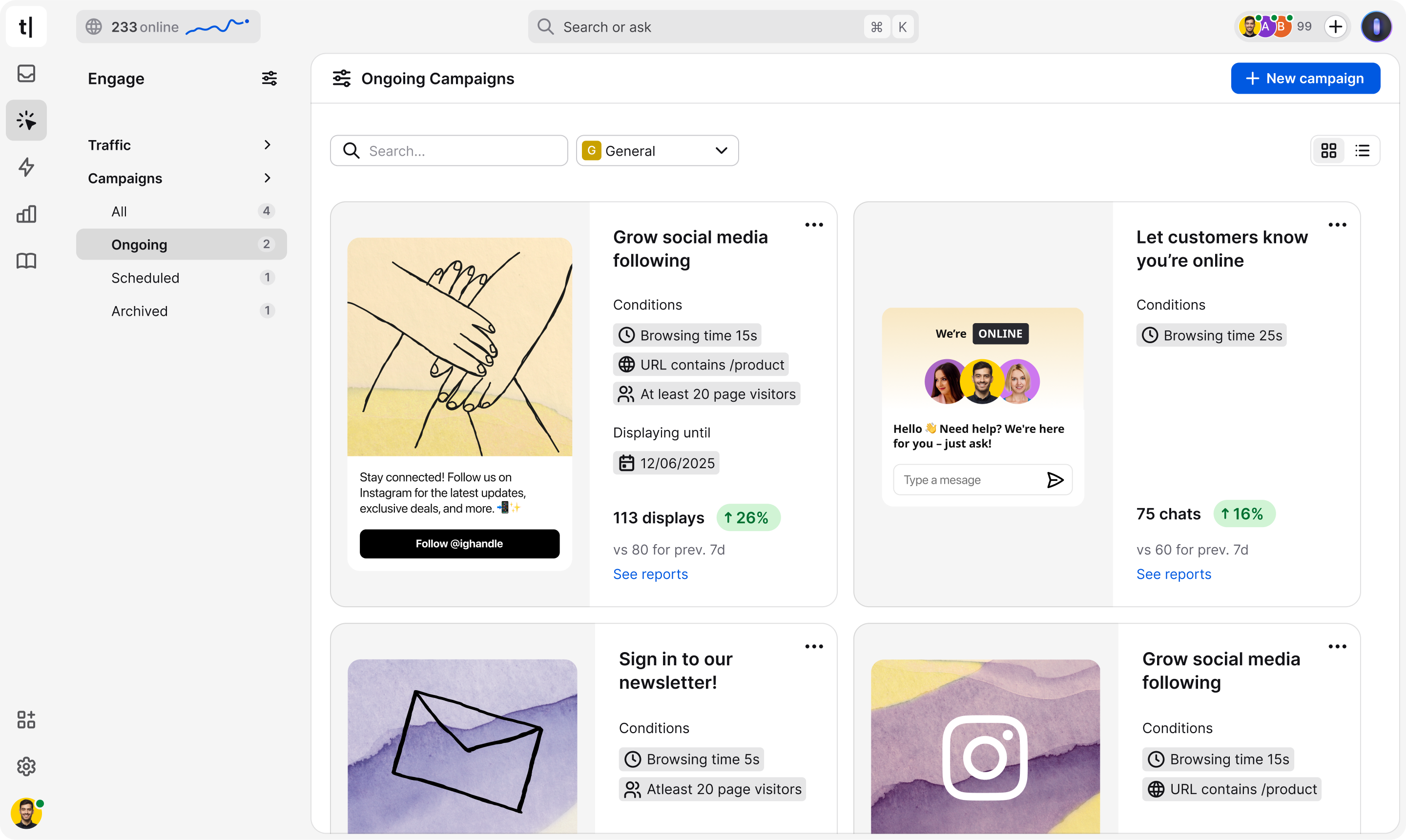 Text.com campaign list showing active customer communication campaigns